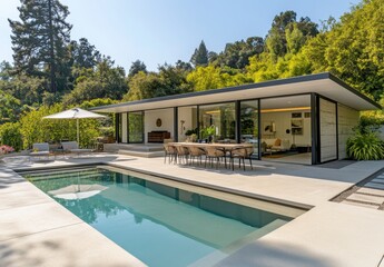 Fototapeta premium Modern house with sleek design overlooking serene pool area and lush greenery in a tranquil outdoor setting, perfect for lifestyle and architecture photography