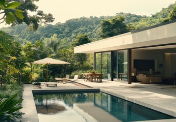 Modern Luxury Home with Swimming Pool Surrounded by Lush Greenery, Featuring Open Air Design and Elegant Outdoor Living Space for Relaxation