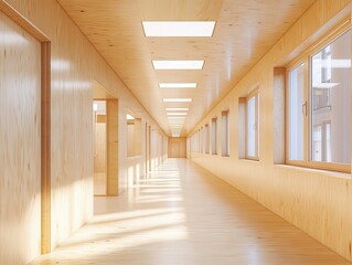 Fototapeta premium Modern Minimalist Hallway with Natural Light and Wooden Interior Design in a Contemporary Building Environment