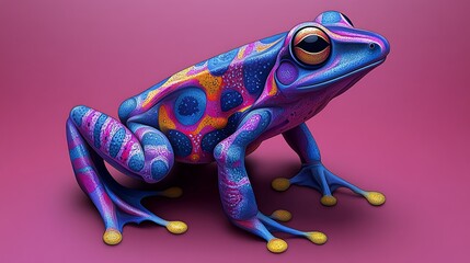 Vibrant, colorful frog illustration against a pink background.