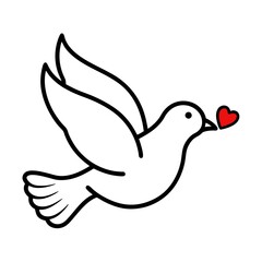 White Dove Icon in Mid-Flight Holding Red Heart Minimal Romantic Symbol Design