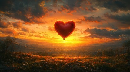 Fototapeta premium Heart Balloon A heart shaped balloon floating away into the sunset, symbolizing letting go, moving on, and the bittersweet feeling of lost love.