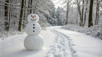 Obraz premium Cheerful snowman standing in a snowy forest path