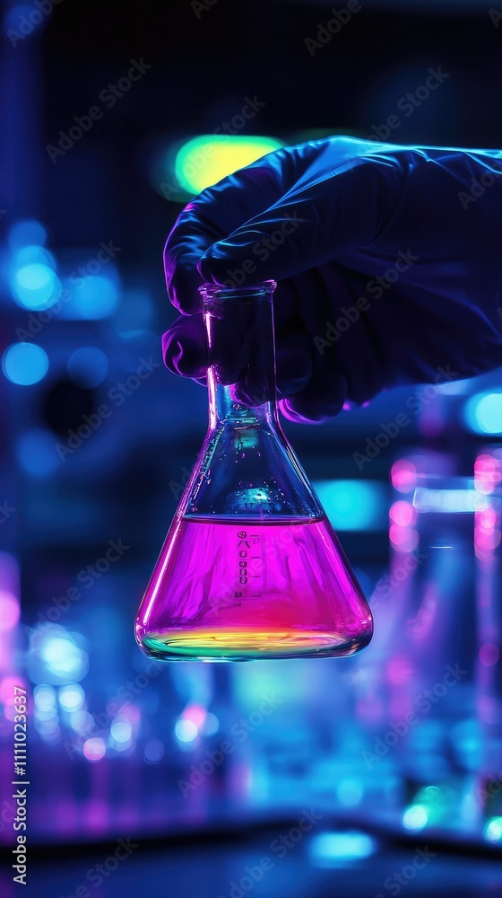 Aufkleber vibrant laboratory experiment with colorful liquid in glass flask under neon lights showcasing scien