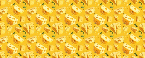 seamless pattern of Yellow cheese pieces gold background appetizing food illustration 