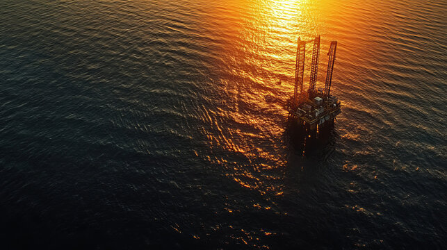 Aerial view offshore drilling rig (jack up rig) at the offshore location during sunset