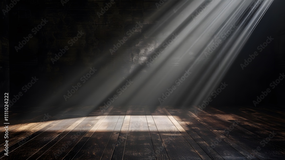 Poster Light Rays Streaming Through Dark Room Creating an Airy, Ethereal Atmosphere with Wooden Floor and Shadowy Background for Photography or Creative Projects