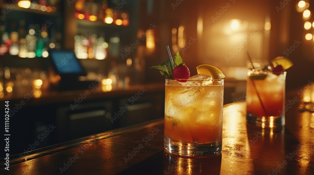 Poster refreshing summer cocktails in a dimly lit bar with bokeh background and vibrant colors capturing th