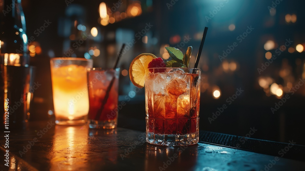 Poster refreshing cocktails with ice and garnishes served on a bar counter in a dimly lit atmosphere creati