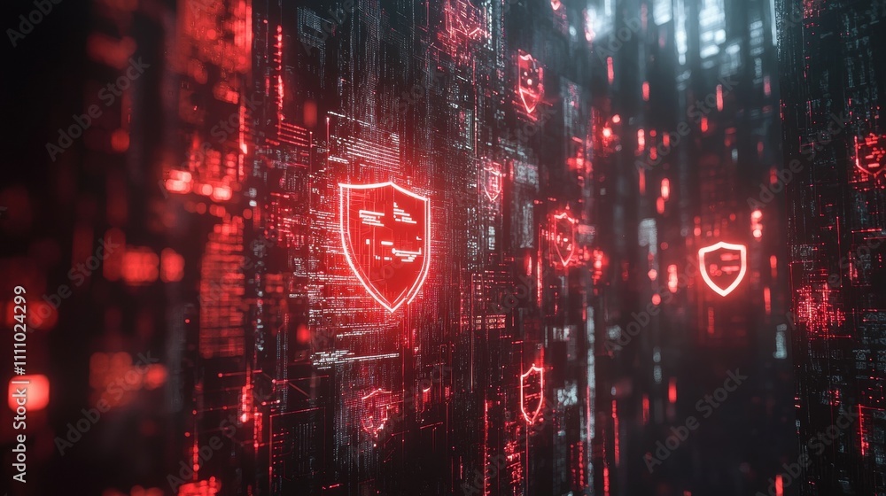 Poster security firewall and shield icon a futuristic firewall interface with dynamic data streams and shie