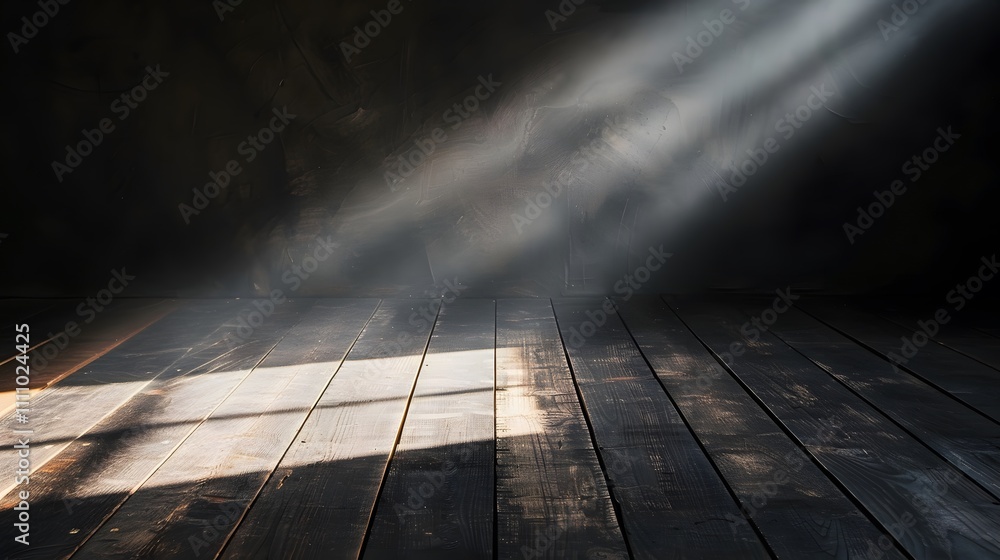 Poster soft golden rays of natural light illuminating a dark room with rustic wooden floorboards, creating 