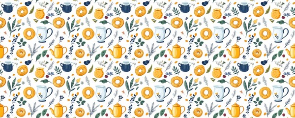 seamless pattern of Cozy autumn breakfast  yellow pastries blue creamers floral pattern cheerful mood 