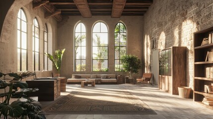 Fototapeta premium Renaissance Fusion: A Vibrant Home Office with Modern-Medieval Design, Large Windows, and Productivity-Inspiring Atmosphere | Ultra-Detailed Photorealistic Image