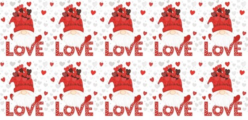 seamless pattern of Valentines gnome red white hearts love cute illustration 