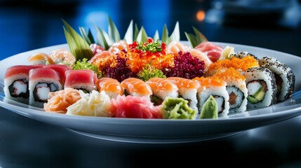 Photo of, A platter of assorted sushi rolls featuring tuna, salmon