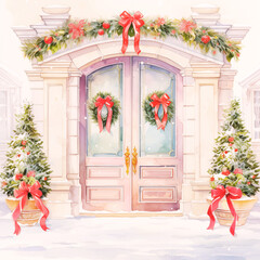 Fototapeta premium Elegant Winter Entrance With Holiday Decor and Snowy Background