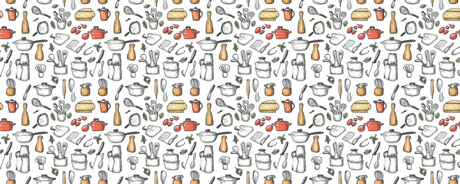 Various food items and drinks are illustrated in a seamless pattern, evoking a culinary theme.