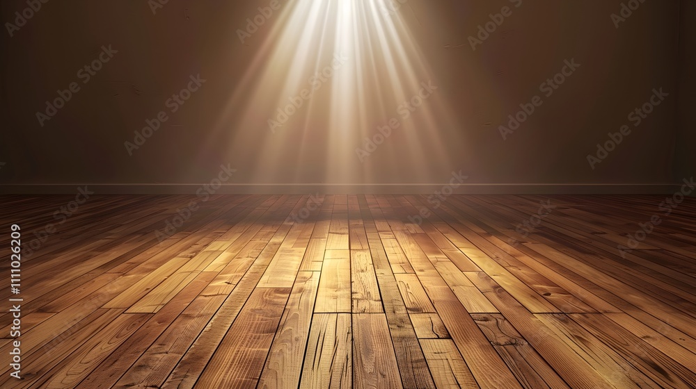 Aufkleber Warm Rays of Light Streaming Through an Open Space, Illuminating a Wooden Floor with Natural Textures and Hues, Creating a Serene and Inviting Atmosphere for Various Concepts