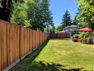 Fototapeta premium Scenic Outdoor Space with Wooden Fence and Lush Green Grass Under Clear Sky Showcasing a Peaceful Residential Backyard Setting