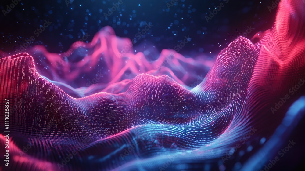 Poster abstract wave pattern in vibrant pink and blue colors with depth and light effects, creating a visua