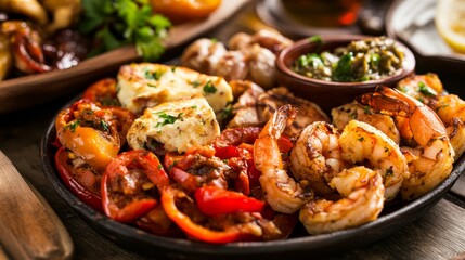 Photo of, A platter of assorted tapas including Spanish tortilla, garlic shrimp