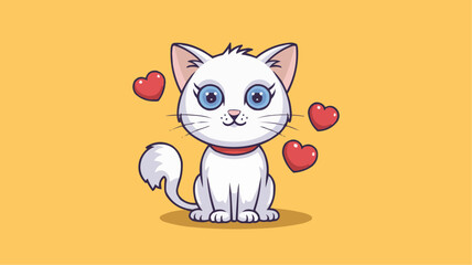 Obraz premium White cat with blue eyes and red collar sitting on yellow background