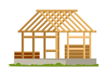House construction flat vector illustration. House building site, home walls and roof structure. Professional builders working site.