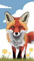 Obraz premium Fox on grassy field with yellow flowers and blue sky