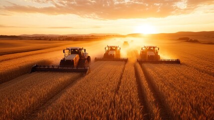 Fototapeta premium Golden Hour Harvest: Tractors Working in a Wheat Field at Sunset