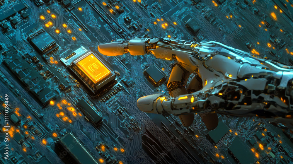 Poster ai innovation concept. abstract digital background. index human finger presses on a light blue ai ch