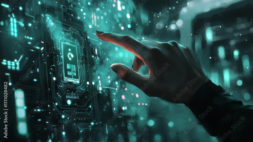 Poster ai innovation concept. abstract digital background. index human finger presses on a light blue ai ch