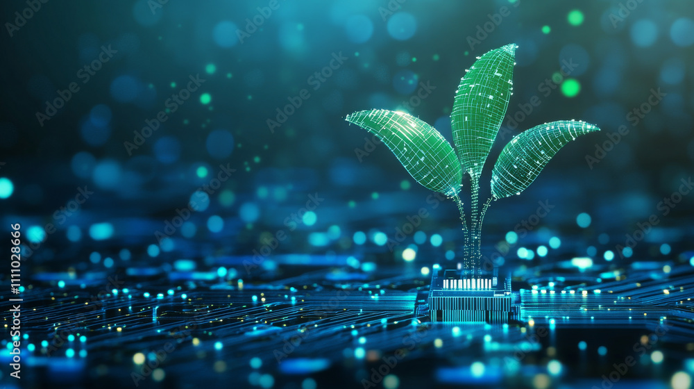 Poster sprouting plant and ai chip in blue. artificial intelligence evolution concept. abstract digital tec