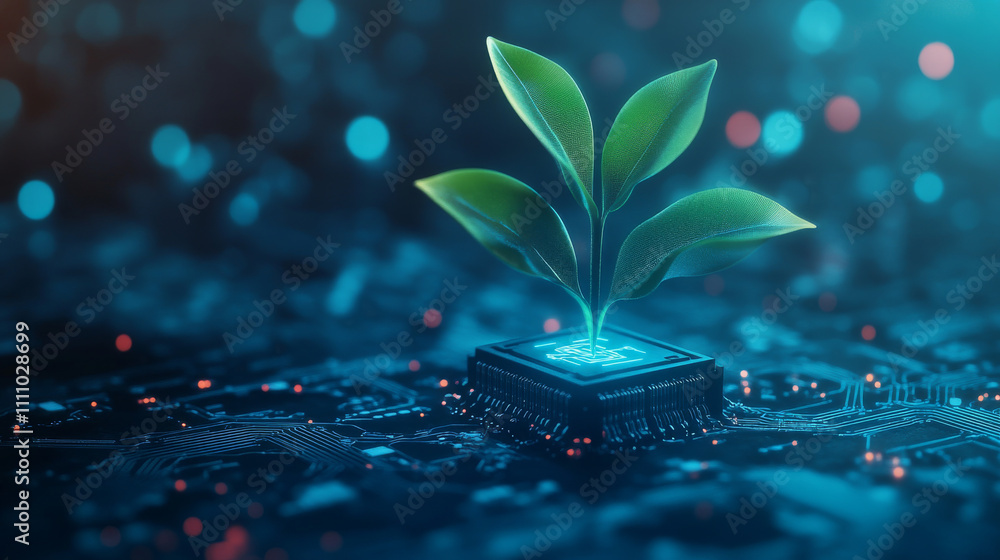 Poster sprouting plant and ai chip in blue. artificial intelligence evolution concept. abstract digital tec