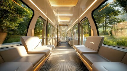 Fototapeta premium Modern Interior of a Futuristic Train with Spacious Seating Surrounded by Large Windows Showcasing Natural Landscape and Bright Lighting