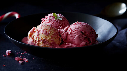 Scoops of ice cream decorated with edible glitter, surrounded by festive decorations, Generative AI