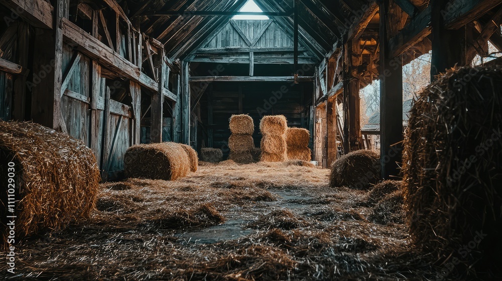 Poster captivating view inside a rustic barn filled with straw bales and sunlight streaming through the ope