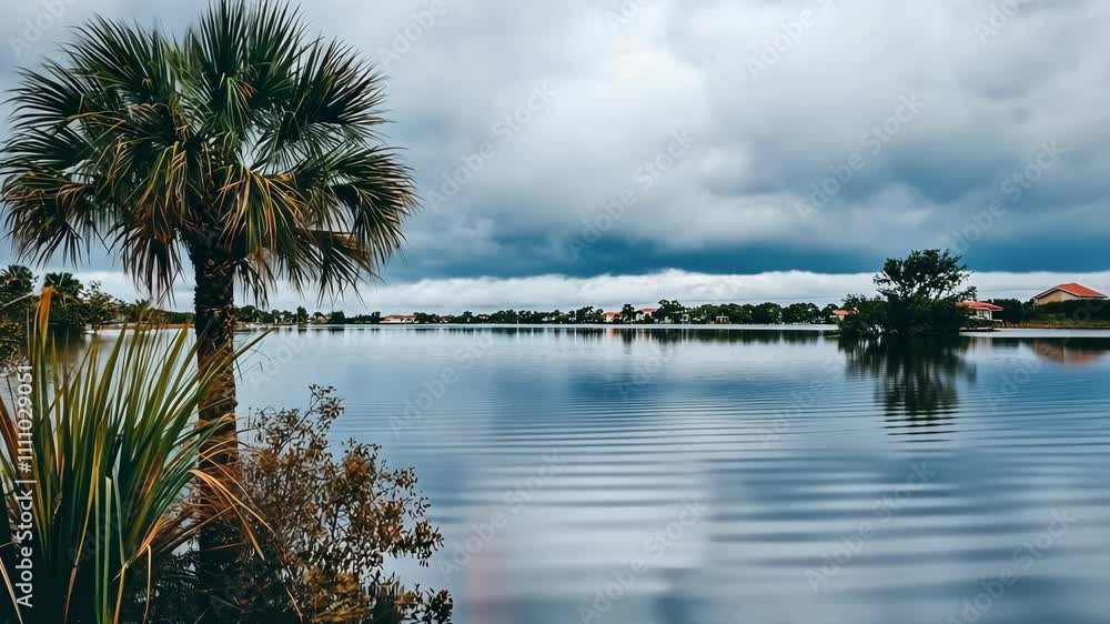 Aufkleber cloudy sky reflects on tranquil water near palm trees in a serene lakeside setting in the afternoon