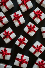 Obraz premium Wrapped gift boxes with red ribbons arranged on a dark surface
