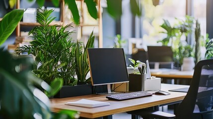 Fototapeta premium Modern Office Workspace Surrounded by Lush Green Plants with a Computer Monitor, Keyboard, and Stationery on a Wooden Desk in a Bright and Inviting Environment