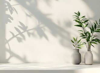 Tranquil indoor setting with green plants and soft shadows against a white background