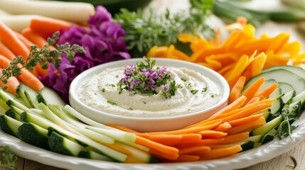 Photo of, A platter of colorful vegetable crudité served with hummus and ranch dip, Crudité platter centered