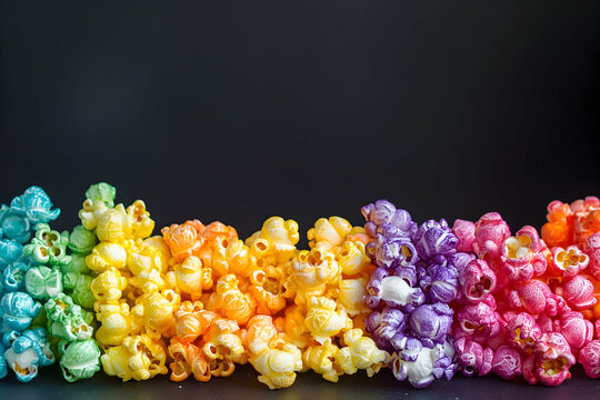 A stunning display of colorful popcorn creates a cheerful rainbow effect against darkness