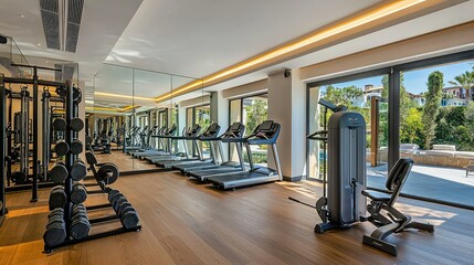 Fototapeta premium Modern and Bright Gym Interior Featuring Exercise Equipment, Treadmills, Weights, and Mirrors with Natural Light in a Luxury Fitness Space