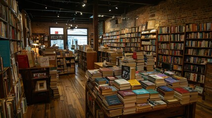 Obraz premium Cozy and Inviting Independent Bookstore Interior Filled with Bookshelves and Stacked Books on Tables, Perfect for Book Lovers and Readers