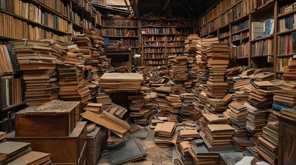 Obraz premium A Vast Collection of Unordered Vintage Books in a Dusty Old Library Surrounded by Stacks of Literature and Wooden Shelves in an Atmospheric Setting