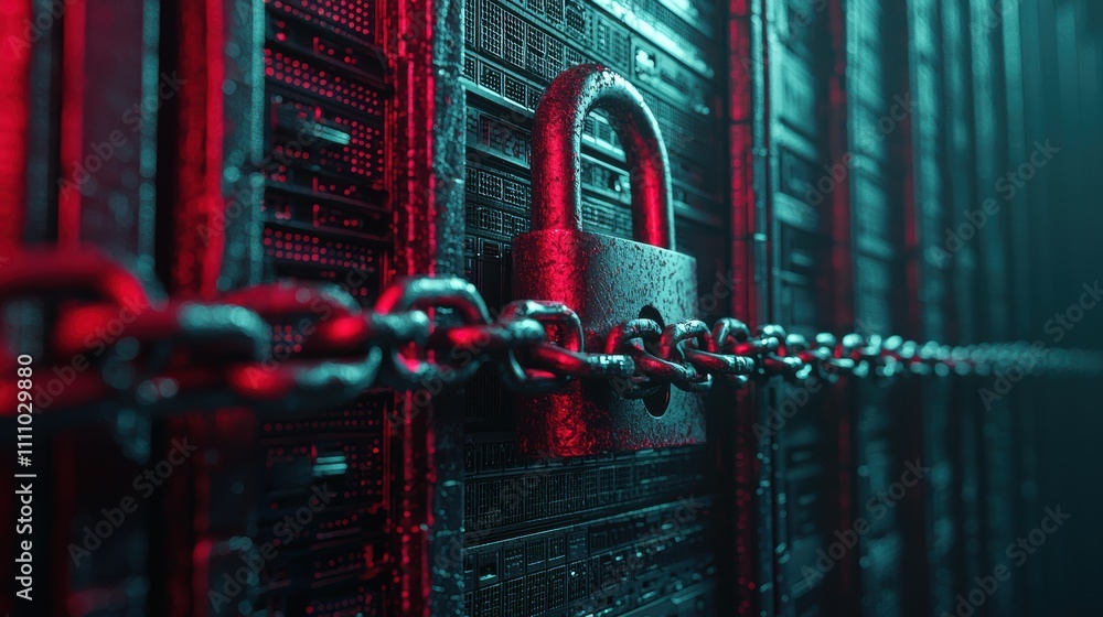 Poster protection padlock symbol padlock with a chain wrapped around a data server, representing physical s
