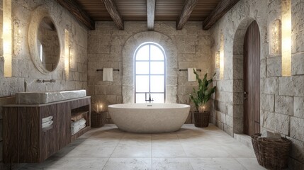 Fototapeta premium Opulent Fusion: Modern-Medieval Bathroom Design with Freestanding Soaking Tub, Stone Walls, and Wooden Accents | Realistic 3D Rendering
