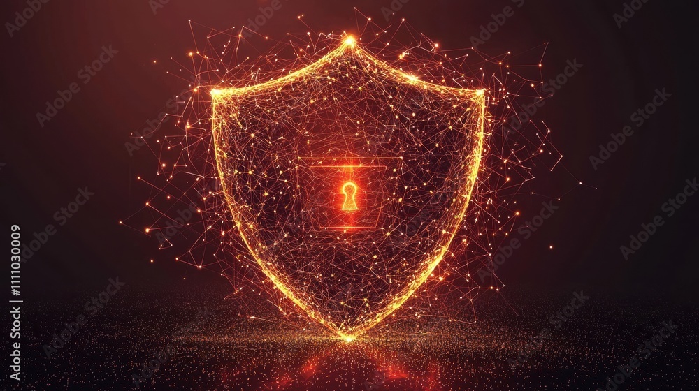 Poster protection cybersecurity shield shield with a firewall icon and digital data streams, symbolizing ne
