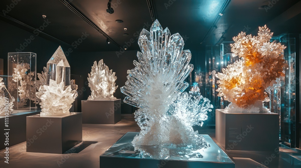 Poster exquisite display of natural crystals in a modern gallery showcasing unique formations and vivid col