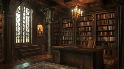 Elegant Fusion: Modern-Medieval Home Office with Wooden Desk, Leather-Bound Books, and Contemporary Art - Ultra-Detailed Interior Design Concept